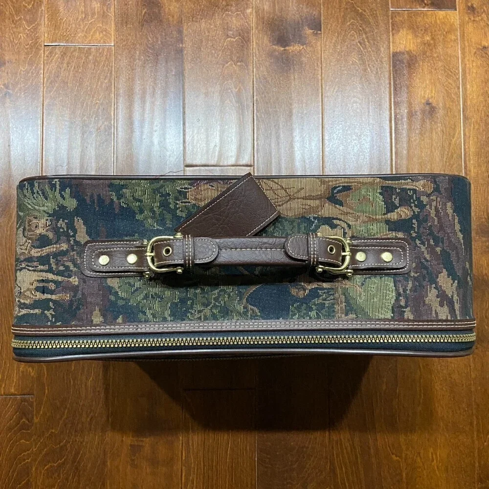 Capezio Collection VTG Fox Hunt Brown Leather Tapestry Travel Luggage Set